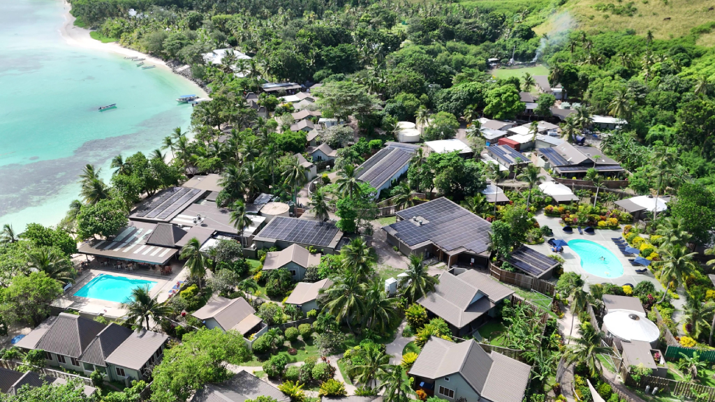 Yasawa Island Resort with solar panels visible and Pacific Ocean